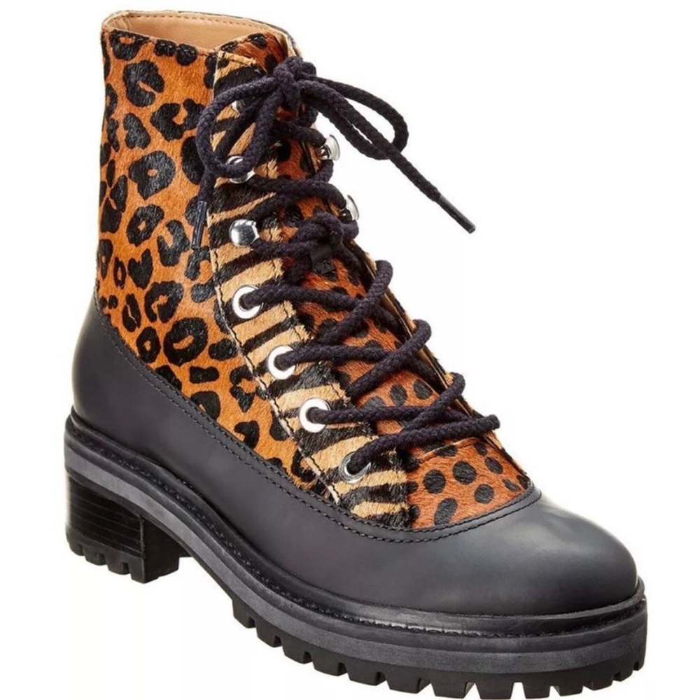 Schutz Magalda Animal Leopard Print Calf Hair Lace-Up Combat Boots Size 5